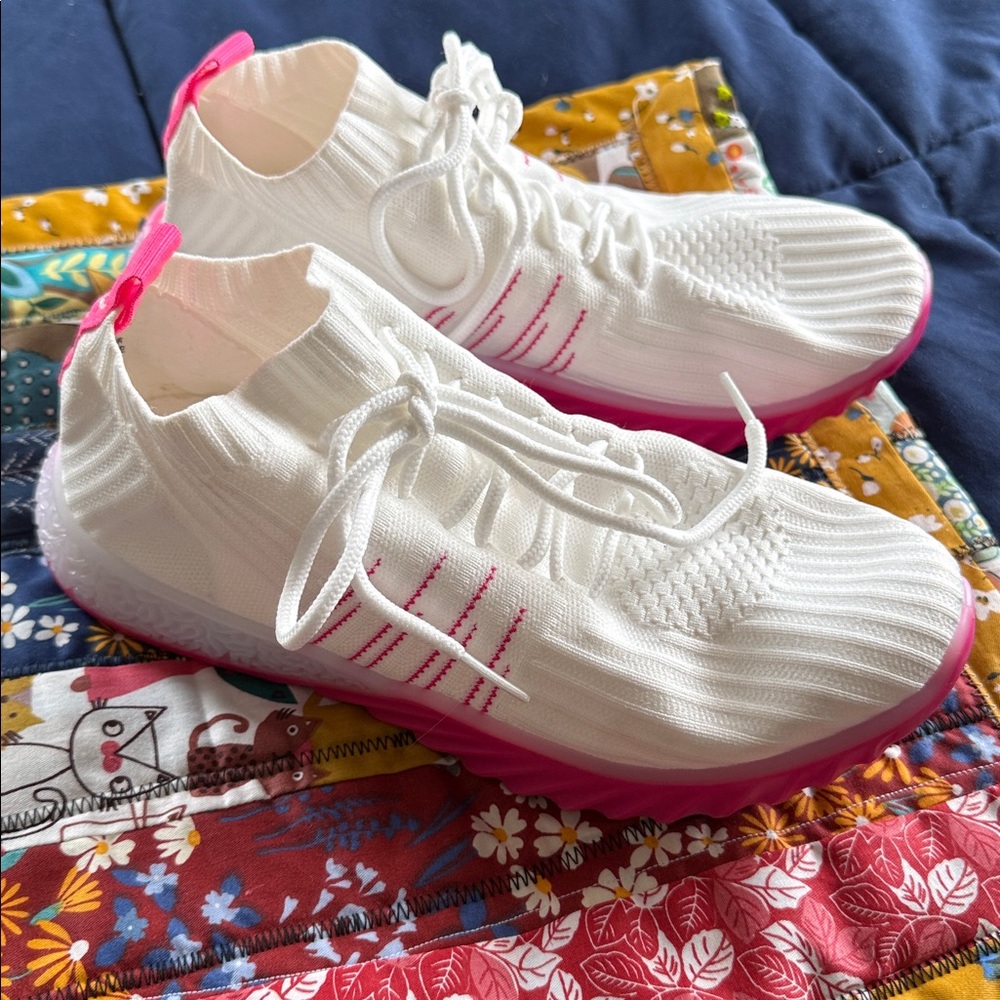 Danskin White Knit Slip-On Sneaker with Pink Pull Loop - Picture 2 of 5
